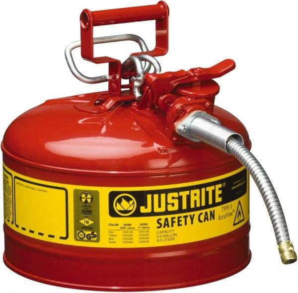 Justrite - 2.5 Gal Galvanized Steel Type II Safety Can - 12" High x 11-3/4" Diam, Red with Yellow - Caliber Tooling