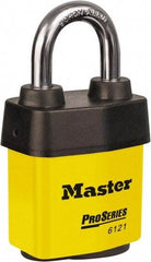 Master Lock - 1-1/8" Shackle Clearance, Keyed Different Padlock - 5/16" Shackle Diam, Laminated Steel - Caliber Tooling