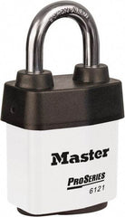 Master Lock - 1-1/8" Shackle Clearance, Keyed Different Padlock - 5/16" Shackle Diam, Laminated Steel - Caliber Tooling