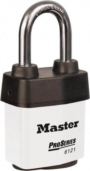 Master Lock - 1-1/2" Shackle Clearance, Keyed Different Padlock - 5/16" Shackle Diam, Laminated Steel - Caliber Tooling