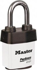 Master Lock - 1-1/2" Shackle Clearance, Keyed Different Padlock - 5/16" Shackle Diam, Laminated Steel - Caliber Tooling