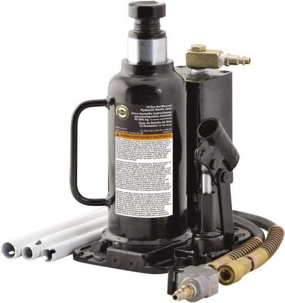 Omega Lift Equipment - 12 Ton Capacity Hydraulic Bottle Jack - 9-1/2" to 18-1/2" High, 9" Piston Stroke, 6-1/4" Long x 7-7/8" Wide Base - Caliber Tooling