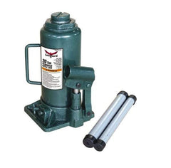 Safeguard - 20 Ton Capacity Hydraulic Bottle Jack - 9-1/2" to 17-3/4" High, 5.91" Piston Stroke, 1-7/8" Screw Length, 1.42" Screw Diam, 2.09" Plunger Diam, 5-15/16" Long x 6-1/4" Wide Base - Caliber Tooling