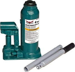 Safeguard - 2 Ton Capacity Hydraulic Bottle Jack - 7-1/2" to 14-3/8" High, 4.53" Piston Stroke, 2-3/8" Screw Length, 0.55" Screw Diam, 0.79" Plunger Diam, 2-1/2" Long x 4-15/16" Wide Base - Caliber Tooling