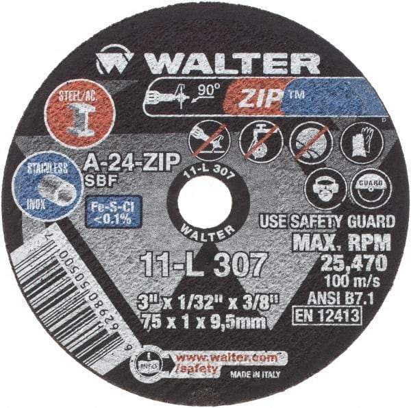 WALTER Surface Technologies - 3" 24 Grit Aluminum Oxide Cutoff Wheel - 1/32" Thick, 3/8" Arbor, 25,470 Max RPM, Use with Die Grinders - Caliber Tooling