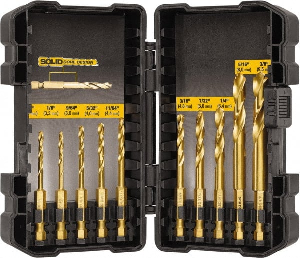 Drill Bit Set: Jobber Length Drill Bits, 10 Pc, 0.125″ to 0.375″ Drill Bit Size, 135 °, Titanium Titanium, Straight Shank