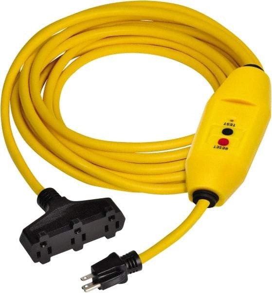 Tower - 3 Outlets, 125 Volt, 15 Amp, Yellow, GFCI and Triple Tap Cord Set - 5-15P, 5-15R NEMA Configuration, 25 Ft. Long, cUL Listed, OSHA, UL File E174279 - Caliber Tooling