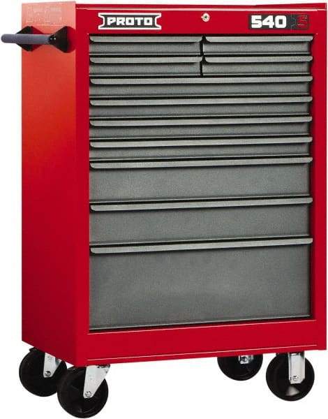 Proto - 11 Drawer Steel Tool Roller Cabinet - 27" Wide x 42" High x 18" Deep, Ball Bearing Drawer Slides, Safety Red/Gray - Caliber Tooling