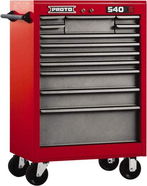 Proto - 12 Drawer Steel Tool Roller Cabinet - 27" Wide x 42" High x 18" Deep, Ball Bearing Drawer Slides, Safety Red/Gray - Caliber Tooling