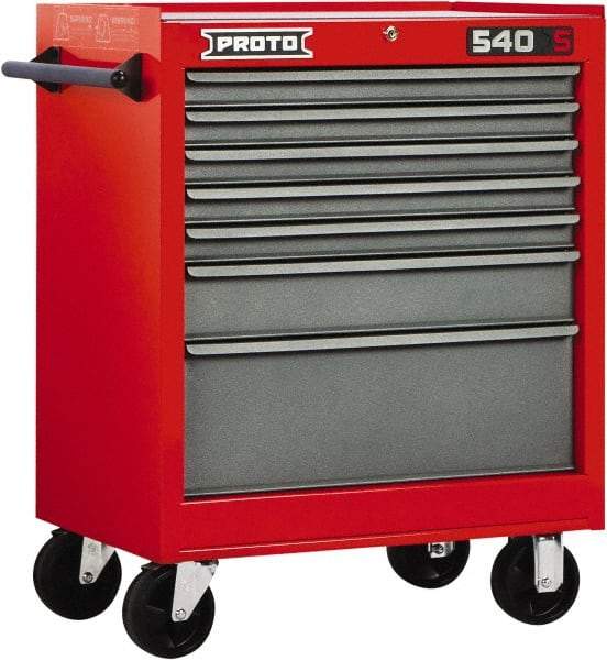 Proto - 7 Drawer Steel Tool Roller Cabinet - 27" Wide x 35" High x 18" Deep, Ball Bearing Drawer Slides, Safety Red/Gray - Caliber Tooling