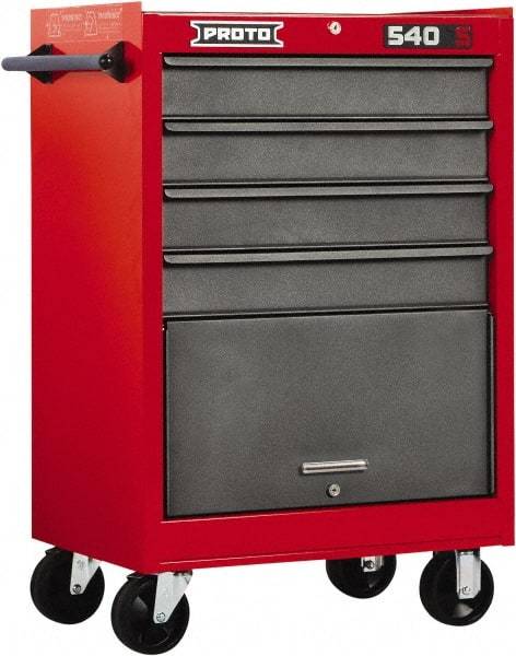 Proto - 4 Drawer Steel Tool Roller Cabinet - 27" Wide x 42" High x 18" Deep, Ball Bearing Drawer Slides, Safety Red/Gray - Caliber Tooling