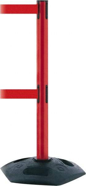 Tensator - 38" High, 2-1/2" Pole Diam, 4 Way Stanchion - 19" Base Diam, Octagon Recycled Rubber Base, Red Plastic Post, 7-1/2' x 2" Tape, Dual Line Tape, For Outdoor Use - Caliber Tooling