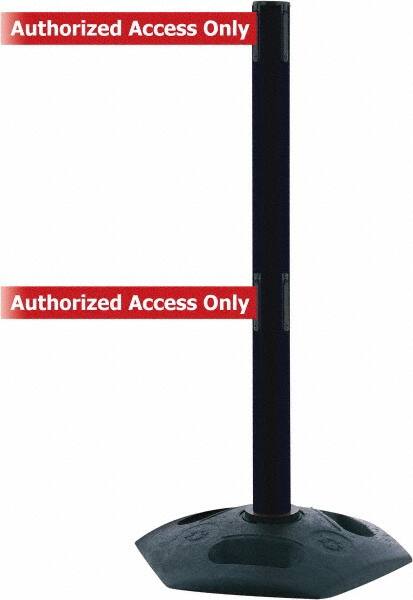 Tensator - 38" High, 2-1/2" Pole Diam, 4 Way Stanchion - 19" Base Diam, Octagon Recycled Rubber Base, Black Plastic Post, 7-1/2' x 2" Tape, Dual Line Tape, For Outdoor Use - Caliber Tooling