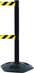 Tensator - 38" High, 2-1/2" Pole Diam, 4 Way Stanchion - 19" Base Diam, Octagon Recycled Rubber Base, Black Plastic Post, 7-1/2' x 2" Tape, Dual Line Tape, For Outdoor Use - Caliber Tooling