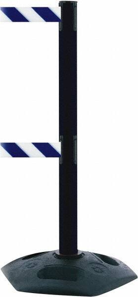 Tensator - 38" High, 2-1/2" Pole Diam, 4 Way Stanchion - 19" Base Diam, Octagon Recycled Rubber Base, Black Plastic Post, 7-1/2' x 2" Tape, Dual Line Tape, For Outdoor Use - Caliber Tooling