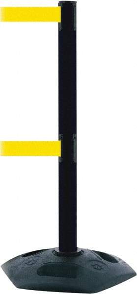 Tensator - 38" High, 2-1/2" Pole Diam, 4 Way Stanchion - 19" Base Diam, Octagon Recycled Rubber Base, Black Plastic Post, 7-1/2' x 2" Tape, Dual Line Tape, For Outdoor Use - Caliber Tooling