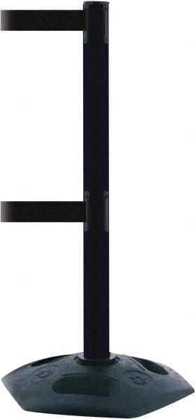 Tensator - 38" High, 2-1/2" Pole Diam, 4 Way Stanchion - 19" Base Diam, Octagon Recycled Rubber Base, Black Plastic Post, 7-1/2' x 2" Tape, Dual Line Tape, For Outdoor Use - Caliber Tooling