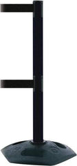 Tensator - 38" High, 2-1/2" Pole Diam, 4 Way Stanchion - 19" Base Diam, Octagon Recycled Rubber Base, Black Plastic Post, 7-1/2' x 2" Tape, Dual Line Tape, For Outdoor Use - Caliber Tooling