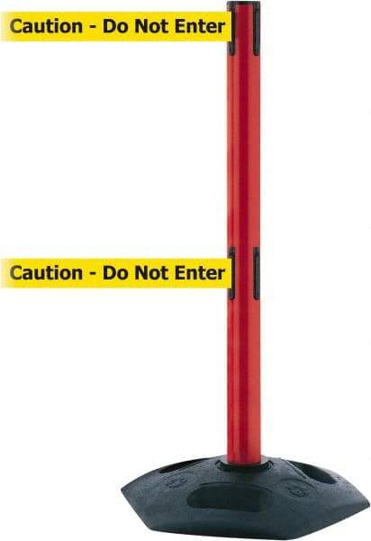 Tensator - 38" High, 2-1/2" Pole Diam, 4 Way Stanchion - 19" Base Diam, Octagon Recycled Rubber Base, Red Plastic Post, 7-1/2' x 2" Tape, Dual Line Tape, For Outdoor Use - Caliber Tooling