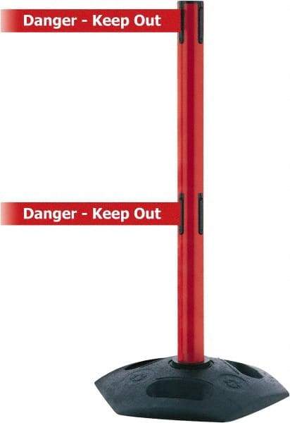 Tensator - 38" High, 2-1/2" Pole Diam, 4 Way Stanchion - 19" Base Diam, Octagon Recycled Rubber Base, Red Plastic Post, 7-1/2' x 2" Tape, Dual Line Tape, For Outdoor Use - Caliber Tooling