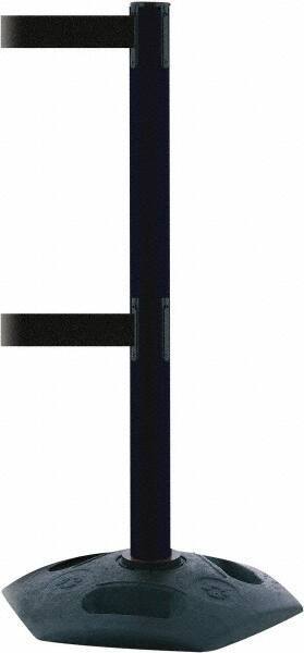 Tensator - 38" High, 2-1/2" Pole Diam, 4 Way Stanchion - 19" Base Diam, Octagon Recycled Rubber Base, Black Plastic Post, 13' x 2" Tape, Dual Line Tape, For Outdoor Use - Caliber Tooling