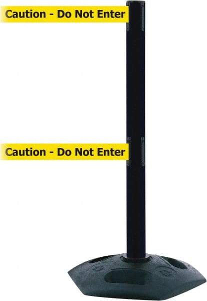 Tensator - 38" High, 2-1/2" Pole Diam, 4 Way Stanchion - 19" Base Diam, Octagon Recycled Rubber Base, Black Plastic Post, 13' x 2" Tape, Dual Line Tape, For Outdoor Use - Caliber Tooling