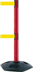 Tensator - 38" High, 2-1/2" Pole Diam, 4 Way Stanchion - 19" Base Diam, Octagon Recycled Rubber Base, Red Plastic Post, 13' x 2" Tape, Dual Line Tape, For Outdoor Use - Caliber Tooling