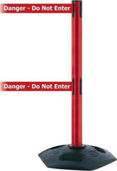 Tensator - 38" High, 2-1/2" Pole Diam, 4 Way Stanchion - 19" Base Diam, Octagon Recycled Rubber Base, Red Plastic Post, 13' x 2" Tape, Dual Line Tape, For Outdoor Use - Caliber Tooling