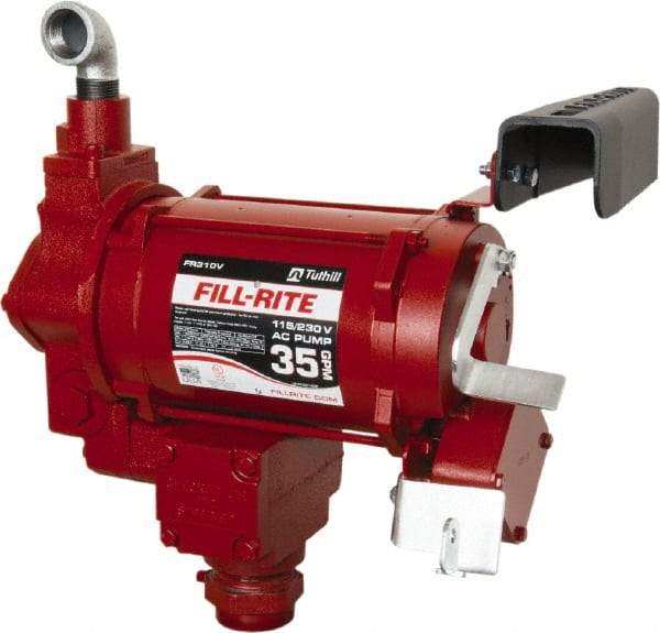 Tuthill - 35 GPM, 1" Hose Diam, Gasoline, Kerosene & Diesel Fuel AC High Flow Tank Pump with Auto Nozzle - Cast Iron Pump, 1-1/4" Inlet, 1" Outlet, 115/230 Volts, 3/4 hp - Caliber Tooling