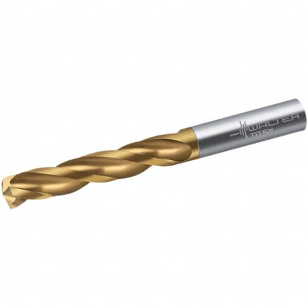 Walter-Titex - 4.5mm 150° Spiral Flute Solid Carbide Screw Machine Drill Bit - TiN Finish, Right Hand Cut, 32mm Flute Length, 58mm OAL, Maximiza Point, Straight Shank - Caliber Tooling