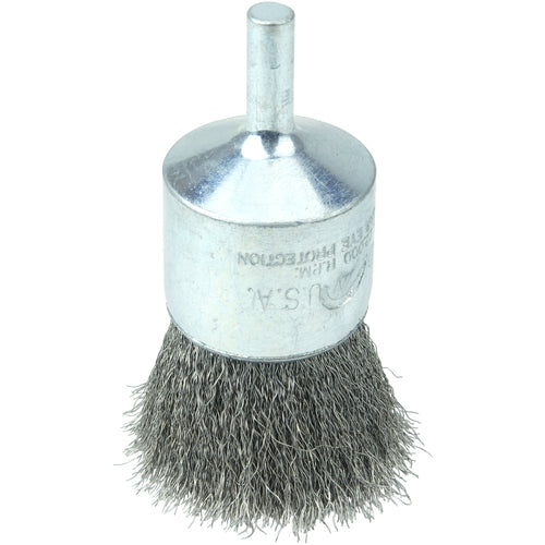 Vortec Pro 1″ Crimped Wire End Brush, .006″ Stainless Steel Fill, 1/4″ Stem - Caliber Tooling