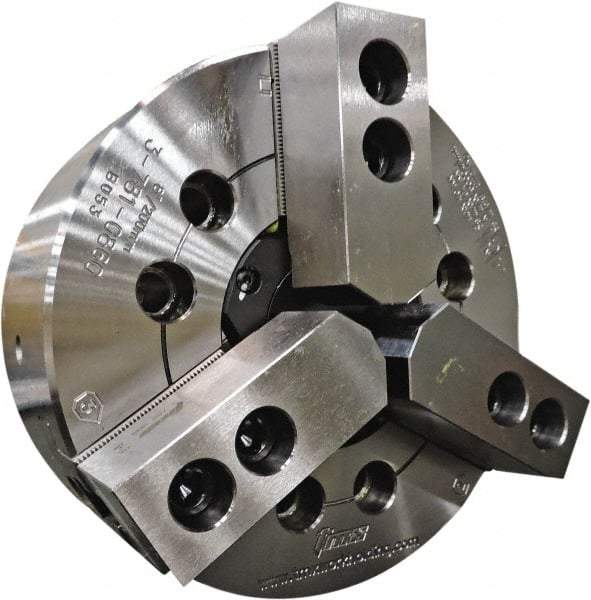 TMX - 3 Jaws, 10" Chuck Diam, A2-6 Mount, 3.0315" Through Hole, Drawtube, Hydraulic Power Lathe Chuck - 1.2205" to 10" Jaw Capacity, 4,200 RPM - Caliber Tooling