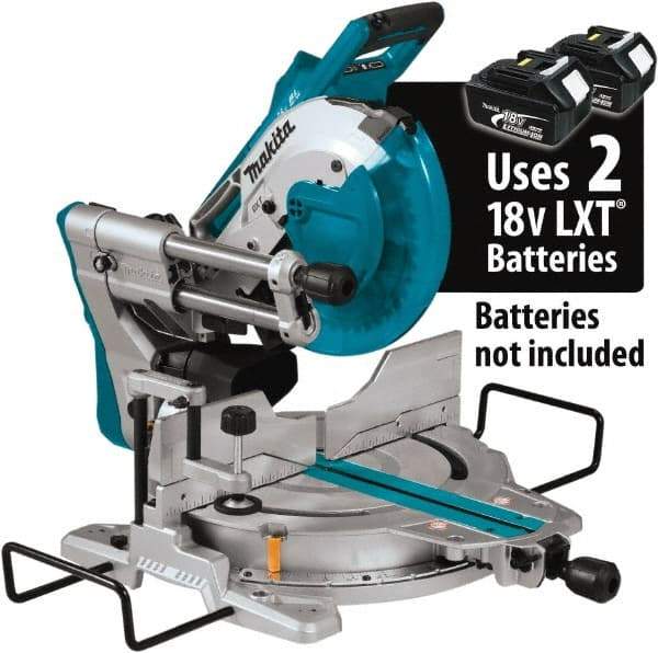 Makita - 36 Amp, 18 Volt, 4,400 RPM, 60° Double Bevel Sliding Miter Saw - 5/8" Arbor, 10" Blade Diam, Includes Vertical Vise, Dust Bag, Triangular Rule, Hex Wrench & 10" x 5/8" 40T Micro-Polished Miter Saw Blade - Caliber Tooling