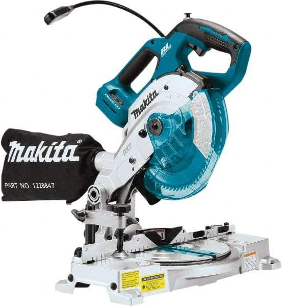 Makita - 36 Amp, 18 Volt, 5,000 RPM, 52° Double Bevel Miter Saw - 5/8" Arbor, 6-1/2" Blade Diam, Includes Triangular Rule, Vertical Vise, Dust Bag, (1) 6-1/2" x 5/8" 64T Micro-Polished Miter Saw Blade & Hex Wrench - Caliber Tooling