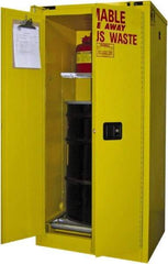 Securall Cabinets - 31" Wide x 31" Deep x 67" High, 18 Gauge Steel Vertical Drum Cabinet with 3 Point Key Lock - Yellow, Self-Closing Door, 1 Shelf, 1 Drum, Drum Rollers Included - Caliber Tooling