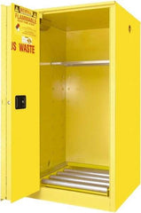 Securall Cabinets - 34" Wide x 34" Deep x 65" High, 18 Gauge Steel Vertical Drum Cabinet with 3 Point Key Lock - Yellow, Self-Closing Door, 1 Shelf, 1 Drum, Drum Rollers Included - Caliber Tooling