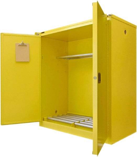 Securall Cabinets - 56" Wide x 31" Deep x 67" High, 18 Gauge Steel Vertical Drum Cabinet with 3 Point Key Lock - Yellow, Self-Closing Door, 1 Shelf, 2 Drums, Drum Rollers Included - Caliber Tooling