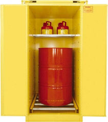 Securall Cabinets - 31" Wide x 31" Deep x 67" High, 18 Gauge Steel Vertical Drum Cabinet with 3 Point Key Lock - Yellow, Self-Closing Door, 1 Shelf, 1 Drum, Drum Rollers Included - Caliber Tooling