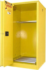 Securall Cabinets - 34" Wide x 34" Deep x 65" High, 18 Gauge Steel Vertical Drum Cabinet with 3 Point Key Lock - Yellow, Sliding Door Door, 1 Shelf, 1 Drum, Drum Rollers Included - Caliber Tooling