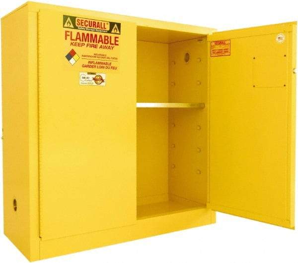 Securall Cabinets - 2 Door, 1 Shelf, Yellow Steel Standard Safety Cabinet for Flammable and Combustible Liquids - 44" High x 43" Wide x 18" Deep, Manual Closing Door, 3 Point Key Lock, 30 Gal Capacity - Caliber Tooling