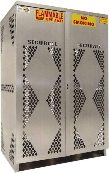 Securall Cabinets - 2 Door, 4 Shelf, Silver Aluminum Standard Safety Cabinet for Flammable and Combustible Liquids - 65" High x 60" Wide x 32" Deep, Manual Closing Door, Padlockable Hasp, 20 or 33 Lb Cylinder Capacity - Caliber Tooling