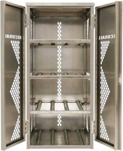 Securall Cabinets - 2 Door, 4 Shelf, Silver Aluminum Standard Safety Cabinet for Flammable and Combustible Liquids - 65" High x 30" Wide x 32" Deep, Manual Closing Door, Padlockable Hasp, 20 or 33 Lb Cylinder Capacity - Caliber Tooling