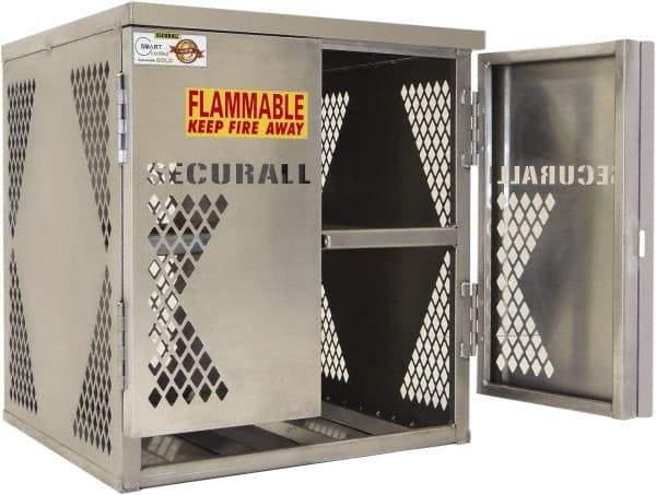 Securall Cabinets - 2 Door, 2 Shelf, Silver Aluminum Standard Safety Cabinet for Flammable and Combustible Liquids - 33" High x 30" Wide x 32" Deep, Manual Closing Door, Padlockable Hasp, 20 or 33 Lb Cylinder Capacity - Caliber Tooling