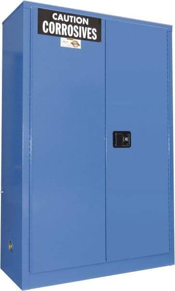 Securall Cabinets - 2 Door, 2 Shelf, Blue Steel Standard Safety Cabinet for Corrosive Chemicals - 65" High x 43" Wide x 18" Deep, Manual Closing Door, 3 Point Key Lock, 45 Gal Capacity - Caliber Tooling