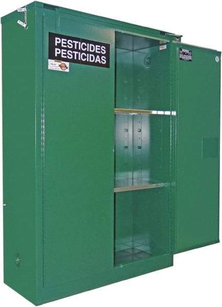 Securall Cabinets - 2 Door, 1 Shelf, Green Steel Standard Safety Cabinet for Flammable and Combustible Liquids - 67" High x 31" Wide x 31" Deep, Self Closing Door, 3 Point Key Lock, 60 Gal Capacity - Caliber Tooling