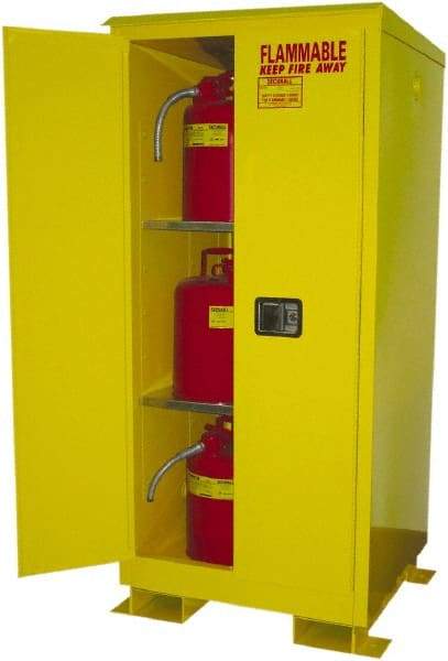 Securall Cabinets - 2 Door, 2 Shelf, Yellow Steel Standard Safety Cabinet for Flammable and Combustible Liquids - 69" High x 31" Wide x 31" Deep, Manual Closing Door, 3 Point Key Lock, 60 Gal Capacity - Caliber Tooling