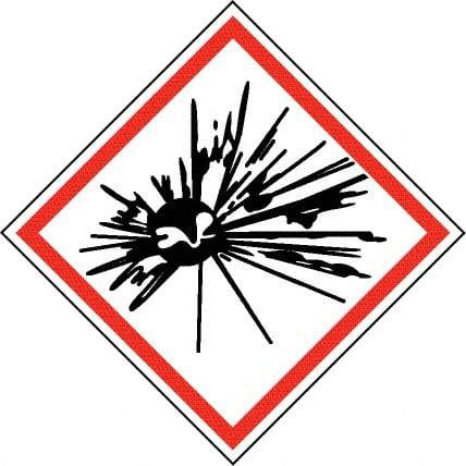 NMC - Hazardous Materials Label, Header: Explosive Warning - Legend: GHS - Graphic, English, Black & Red, 4" Long x 4" High, No Coating - Caliber Tooling