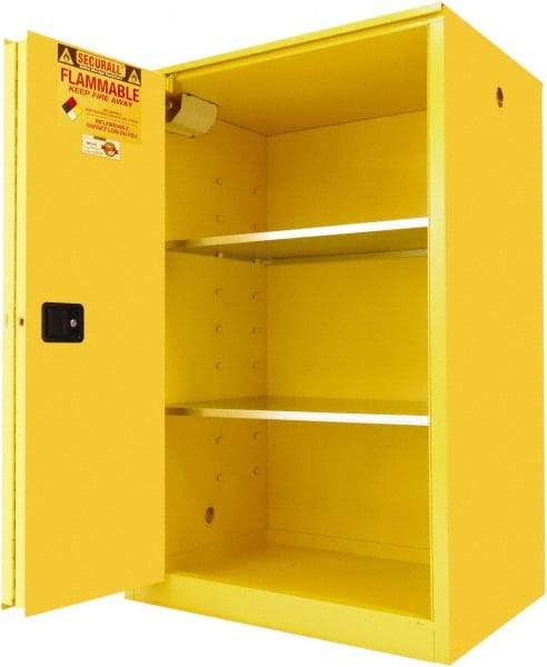 Securall Cabinets - 2 Door, 2 Shelf, Yellow Steel Standard Safety Cabinet for Flammable and Combustible Liquids - 65" High x 43" Wide x 31" Deep, Sliding Door, 3 Point Key Lock, 90 Gal Capacity - Caliber Tooling