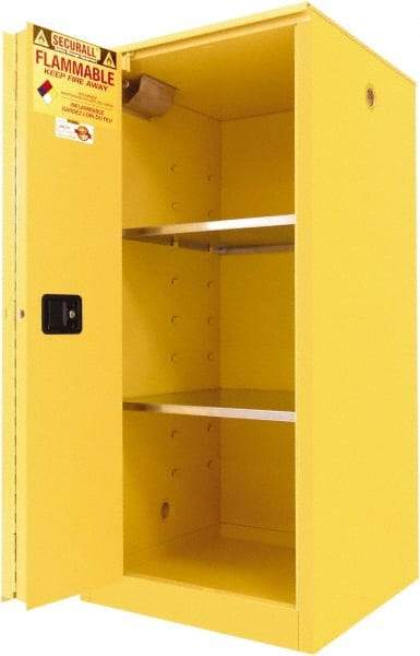 Securall Cabinets - 2 Door, 2 Shelf, Yellow Steel Standard Safety Cabinet for Flammable and Combustible Liquids - 65" High x 31" Wide x 31" Deep, Sliding Door, 3 Point Key Lock, 60 Gal Capacity - Caliber Tooling