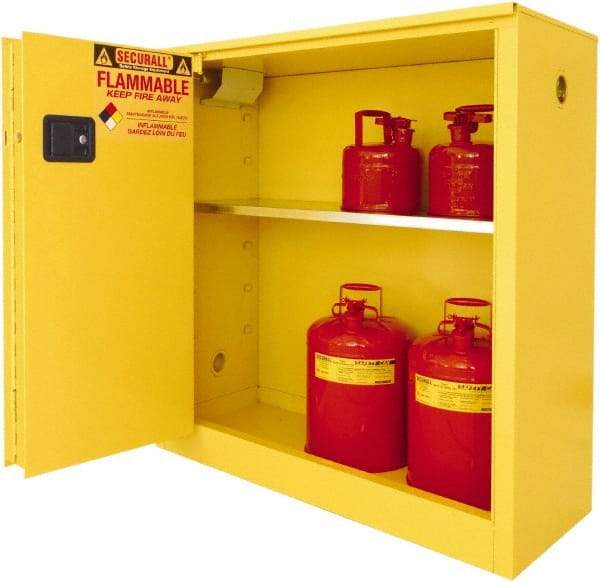 Securall Cabinets - 2 Door, 1 Shelf, Yellow Steel Standard Safety Cabinet for Flammable and Combustible Liquids - 44" High x 43" Wide x 18" Deep, Sliding Door, 3 Point Key Lock, 30 Gal Capacity - Caliber Tooling